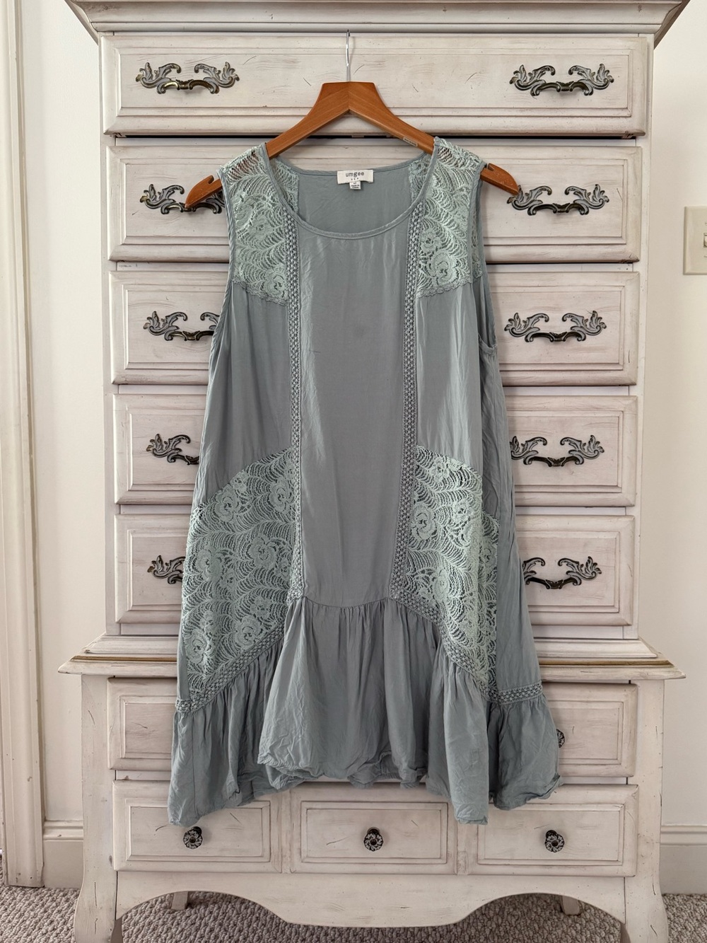 Umgee Sage Green Lace-Trim Sleeveless Swing Dress